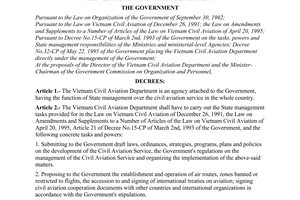 Decree No. 68-CP of October 25, 1995, on the functions, tasks, powers and organizational structure of the Vietnam Civil Aviation Department.