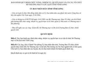 Quyết định 1538/QĐ.UBT năm 1995 chức năng nhiệm vụ quyền hạn tổ chức Sở Thương mại Du lịch Vĩnh Long