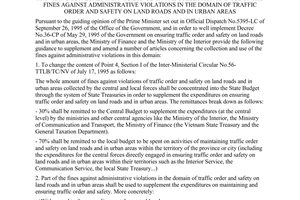 Joint circular No. 77-TTLB/TC/NV of October 30, 1995, providing supplementary guidance on the collection and use of the fines against administrative violations in the domain of traffic order and safety on land roads and in urban areas.