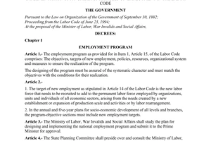 Decree No. 72-CP of October 31, 1995, stipulating detailed provisions and guidance for the implementation of a number of articles on employment in the Labor Code.