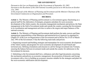 Decree No. 75-CP of November 01, 1995, on the functions, tasks, powers and organizational structure of The Ministry of Planning and Investment.