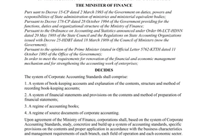 Decision No. 1141-TC/QD/CDKT of November 01, 1995, on promulgation of the corporate accounting standards.