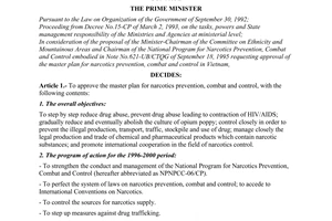 Decision No. 743-TTg of November 14, 1995, approving the master plan for narcotics prevention, combat and control.