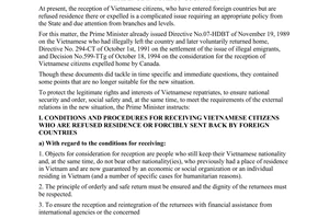 Directive No. 747-TTg of November 15, 1995, of The Prime Minister on the reception of Vietnamese citizens who are refused residence in foreign countries.