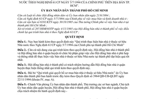 Quyết định 7805/QĐ-UB-QLĐT “qui trình thực hiện bán nhà ở thuộc sở hữu nhà nước theo Nghị định 61/CP ngày 5/7/1994 trên địa bàn TP. Hồ Chí Minh”