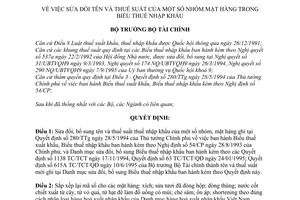 Quyết định 1188TC/QĐ/TCT sửa đổi tên và thuế suất nhóm mặt hàng trong Biểu thuế nhập khẩu