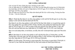 Quyết định 758-TTg thành lập Ban Quản lý khu công nghiệp chế biến Hà Nội