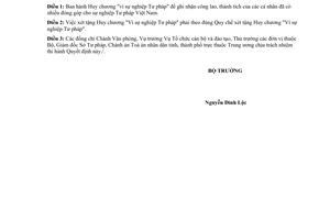 Quyết định 713/TC Huy chương "Vì sự nghiệp Tư pháp"