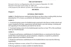 Decree No. 81-CP of November 23, 1995, stipulating in details and guiding the implementation of a number of articles of The Labor Code for disabled laborers.