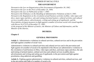 Decree No. 88-CP of December 14, 1995, stipulating sanctions against administrative violations in cultural activities, cultural services, and in fighting and preventing a number of social evils.