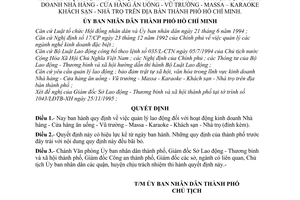 Quyết định 8272/QĐ-UB-NCVX quy định quản lý lao động hoạt động kinh doanh nhà hàng-cửa hàng ăn uống-vũ trường massa–karaoke khách sạn-nhà trọ TPHCM