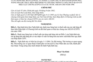 Nghị định danh mục hàng hoá để thực hiện Hiệp định về Chương trình ưu đãi thuế quan có hiệu lực chung (CEPT) các nước ASEAN cho năm 1996