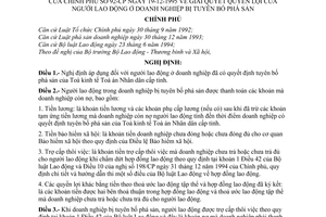 Nghị định 92-CP giải quyết quyền lợi của người lao động ở doanh nghiệp bị tuyên bố phá sản