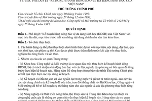Quyết định 845-TTg phê duyệt "kế hoạch hành động bảo vệ đa dạng sinh học của Việt Nam"