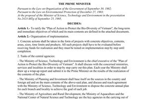 Decision No. 845-TTg of December 22, 1995, ratifying the "Plan of Action to Protect the Bio-diversity of Vietnam".