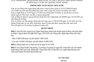 Quyết định 383/QĐ-NH7 cấp giấy phép mang ngoại tệ tiền mặt và séc du lịch ra nước ngoài sửa đổi điều 2 Quyết định 455/QĐ-NH7