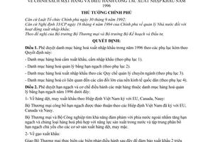 Quyết định 864-TTg chính sách mặt hàng điều hành công tác xuất nhập khẩu 1996