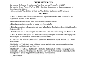 Decision No.864-TTg, on regarding the Policy on commodities and the Regulation of import-export in 1996, promulgated by the Prime Minister of Government