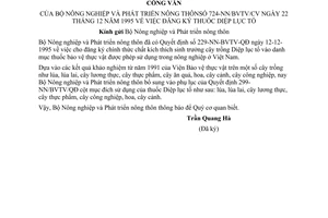 Công văn 724-NN/BVTV/CV đăng ký thuốc Diệp lục tố