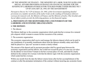 Joint circular No. 05-LB/TC/LDTBXH of January 16, 1996, providing guidance on financial regime for the sending of laborers overseas for tenured work under Decree No.07-cp of January 20, 1995, of The Government