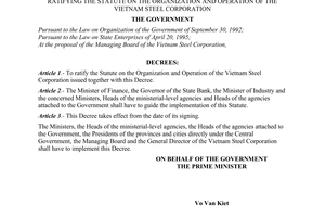 Decree No. 03-CP of January, 25, 1996, ratifying the statute on the organization and operation of the Vietnam Steel Corporation.