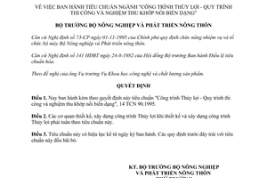 Quyết định 86 NN-KHCN/QĐ 1996 tiêu chuẩn Công trình Thủy lợi Quy trình thi công và nghiệm thu khớp nối biến dạng