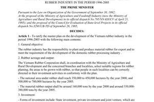Decision No. 86-TTg of February 05, 1996, of the Prime Minister ratifying the master plan on the development of the Vietnam rubber industry in the period 1996-2005