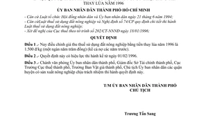 Quyết định 378/QĐ-UB-KT quy định giá thu thuế sử dụng đất nông nghiệp bằng tiền thay lúa 1996