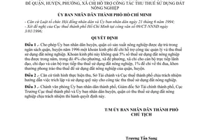 Quyết định 379/QĐ-UB-KT trích 5% số thuế sử dụng nông nghiệp thu 1996 quận, huyện, phường, xã chi hỗ trợ công tác thu thuế sử dụng nông nghiệp