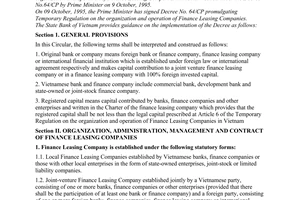 Circular No. 03/TT-NH5 of September 09, 1996, guiding for the implementation of temporary Regulation on the organization and operation of Finance Leasing Companies in Vietnam issued under the Decree No.64/CP on 9 October, 1995.