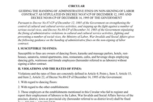 Circular No. 05-LDTBXH/TT of February 02,1996, guiding the handing of administrative fines on non-signing of Labor contract as stipulated in Decree No.87-CP of December 12, 1995 and Decree No.88-CP of December 14, 1995 of the Government