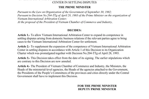 Decision No. 114-TTg of February 16, 1996, on expanding the competence of Vietnam international arbitration center in settling disputes