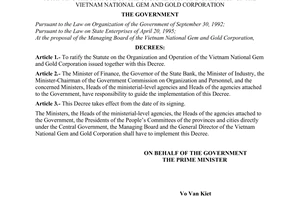 Decree No. 11-CP of February27, 1996, of the Government ratifying the statute on the organization and operation of the Vietnam National Gem and Gold Corporation