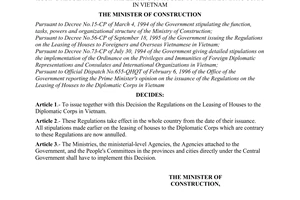 Decision No. 62/BXD-QLN of March 01, 1996, of March 1st, 1996 issuing regulations on the leasing of houses to the diplomatic corps in Vietnam