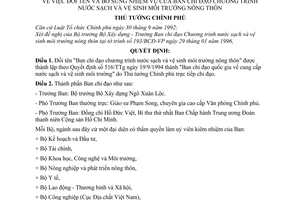 Quyết định 138-TTg đổi tên bổ sung nhiệm vụ Ban chỉ đạo chương trình nước sạch vệ sinh môi trường nông thôn