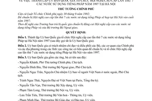 Quyết định 147/TTg thành lập ủy ban Quốc gia tổ chức Hội nghị cấp cao lần 7 các nước sử dụng tiếng Pháp 1997 tại Hà Nội