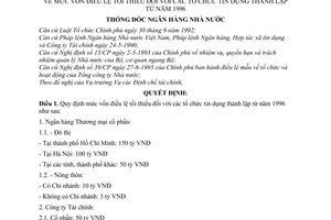 Quyết định 67/QĐ-NH5 mức vốn điều lệ tối thiểu tổ chức tín dụng thành lập từ 1996