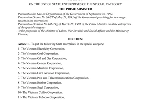Decision No. 186-TTg of March 28, 1996, of the Prime Minister on the list of state enterprises of the special category
