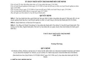 Quyết định 1679/QĐ-UB-KT bản quy định phân công, phân cấp quản lý nhà nước doanh nghiệp thành lập theo luật doanh  nghiệp tư nhân, luật công ty TPHCM