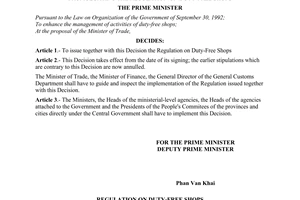 Decision No. 195-TTg of April 08, 1996, of the Prime Minister promulgating the regulation on duty-free shops