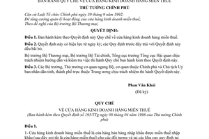 Quyết định 195-TTg Quy chế về cửa hàng kinh doanh hàng miễn thuế