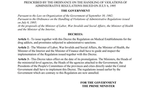 Decree No. 20-CP of April 13 ,1996, of the Government promulgating the regulation on medical establishments as prescribed by the ordinance on the handling of violations of administrative regulations issued on July 6, 1995