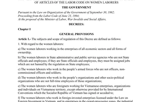 Decree No. 23-CP of April 18,1996, of the Government providing details, and guidance for the implementation of a number of articles of the Labor code on women laborers