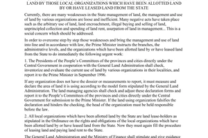 Directive No. 245-TTg of April 22, 1996, of the Prime Minister on urgent work to be done concerning the management and use of land by those local organizations which have been allotted land by or have leased land from the state