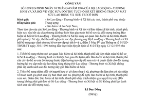 Công văn 1089/LĐTBXH sửa đổi thủ tục hồ sơ xét thưởng trợ cấp mất sức lao động và hưu trí cô đơn