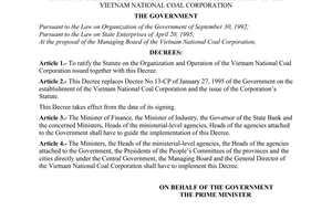 Decree No. 27-CP of May 06, 1996, of the Government ratifying the statute on the organization and operation of the Vietnam national coal corporation
