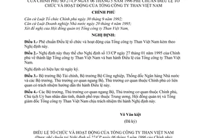 Nghị định 27-CP phê chuẩn điều lệ tổ chức và hoạt động của Tổng công ty than Việt Nam