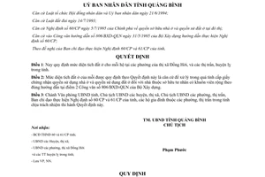 Quyết định 409/QĐ-UB năm 1996 mức diện tích đất ở tại các phường thị trấn huyện lỵ Quảng Bình