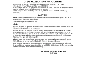 Quyết định 2366/QĐ-UB-KT phê duyệt kế hoạch sử dụng đất 1996 của sáu huyện và quận 1, 3, 6, 8, 10, Tân Bình, Bình Thạnh, Gò Vấp