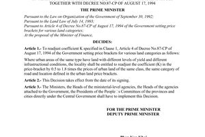 Decision No. 302-TTg of May 13, 1996, of the Prime Minister on readjusting the coefficient (K) in land rent brackets issued together with Decree No.87-CP of August 17, 1994